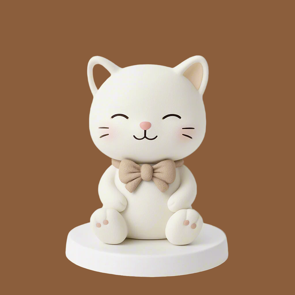 White cat figurine with a bow tie on a white background