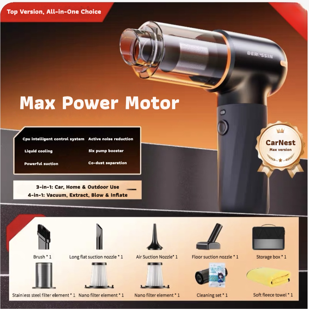 Product packaging of a vacuum cleaner with features listed on a brown background