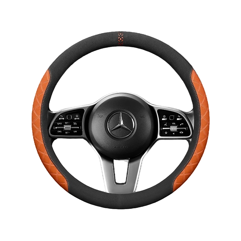 Steering wheel with orange and black design featuring Mercedes-Benz logo on a gray background