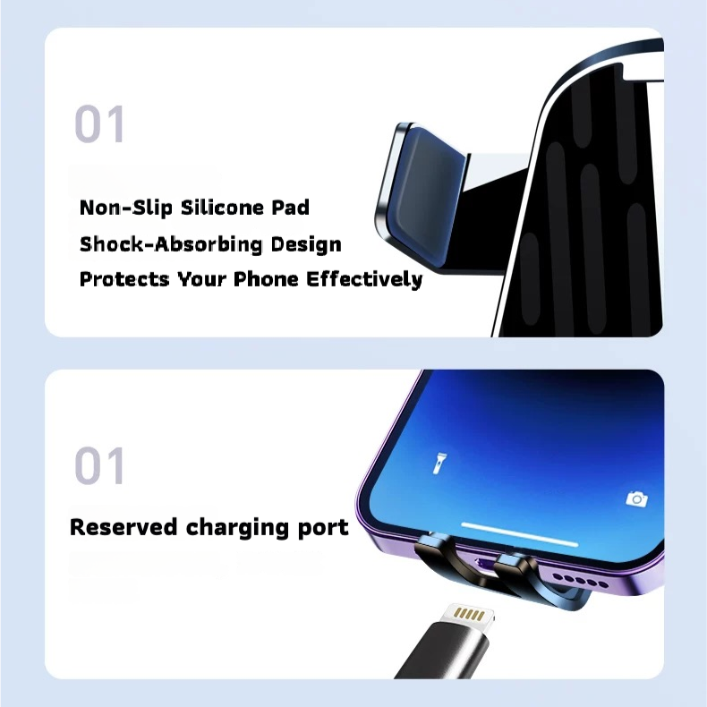 Product details with non-slip silicone pad and charging port on a light blue background