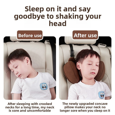 Before and after comparison of a child sleeping in a car seat, showing improved comfort with a brown bear-shaped seatbelt pillow