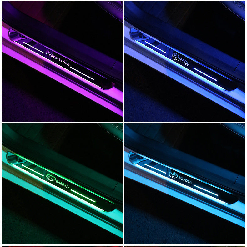 Collage of illuminated car door sill lights in multiple colors with Mercedes-Benz, BMW, Geely, and Toyota logos