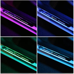 Collage of illuminated car door sill lights in multiple colors with Mercedes-Benz, BMW, Geely, and Toyota logos