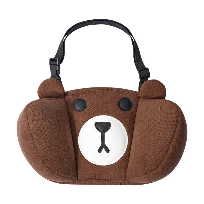 Children's car seat pillow in a brown bear design with adjustable strap, shown on a white background