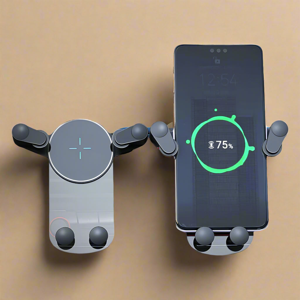 Car phone holder with wireless charging function, smartphone displaying 75% battery on a beige background