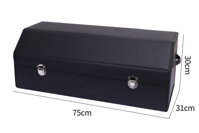 Extra large black leather car trunk storage box with labeled dimensions 75cm x 31cm x 30cm on a white background