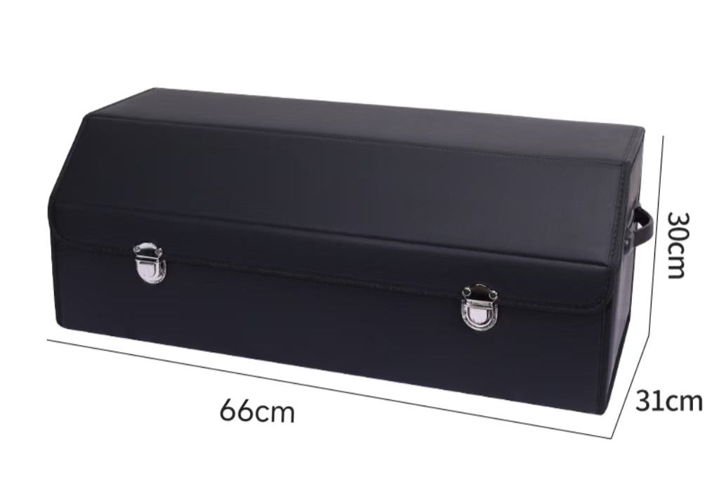Large black leather car trunk storage box with labeled dimensions 66cm x 31cm x 30cm on a white background