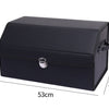 Large black leather car trunk storage box with labeled dimensions 53cm x 31cm x 30cm on a white background
