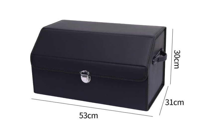 Large black leather car trunk storage box with labeled dimensions 53cm x 31cm x 30cm on a white background