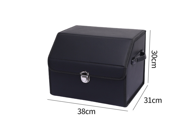 Black leather car trunk storage box with labeled dimensions 38cm x 31cm x 30cm on a white background