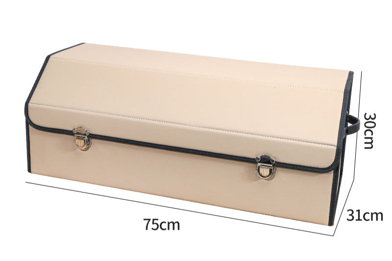 Extra large beige leather car trunk storage box with black trim and labeled dimensions 75cm x 31cm x 30cm on a white background