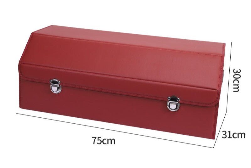 Extra large red leather car trunk storage box with labeled dimensions 75cm x 31cm x 30cm on a white background
