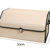 Medium beige leather car trunk storage box with black trim and labeled dimensions 53cm x 31cm x 30cm on a white background