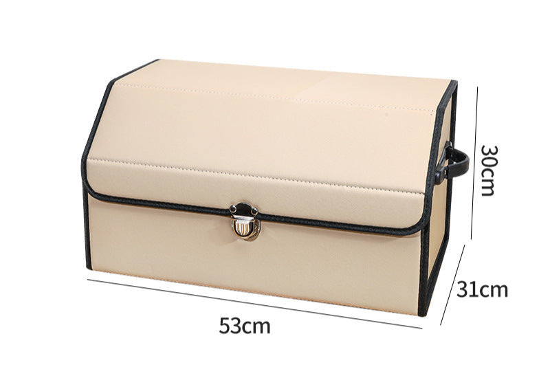 Medium beige leather car trunk storage box with black trim and labeled dimensions 53cm x 31cm x 30cm on a white background