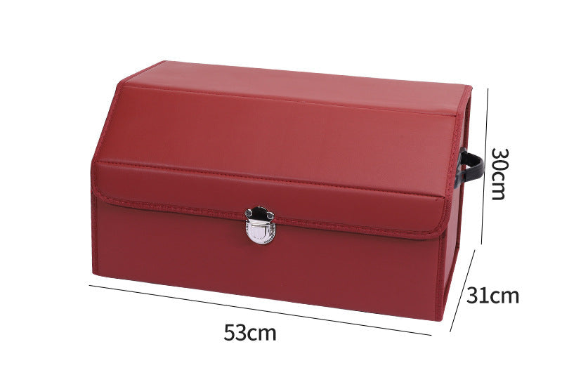 Medium red leather car trunk storage box with labeled dimensions 66cm x 31cm x 30cm on a white background