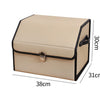 Small beige leather car trunk storage box with black trim and labeled dimensions 38cm x 31cm x 30cm on a white background