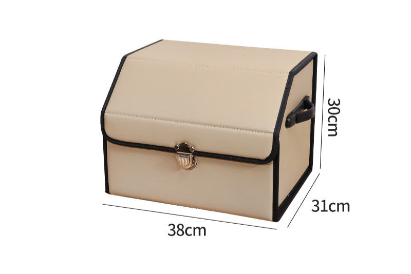 Small beige leather car trunk storage box with black trim and labeled dimensions 38cm x 31cm x 30cm on a white background