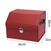 Small red leather car trunk storage box with labeled dimensions 38cm x 31cm x 30cm on a white background