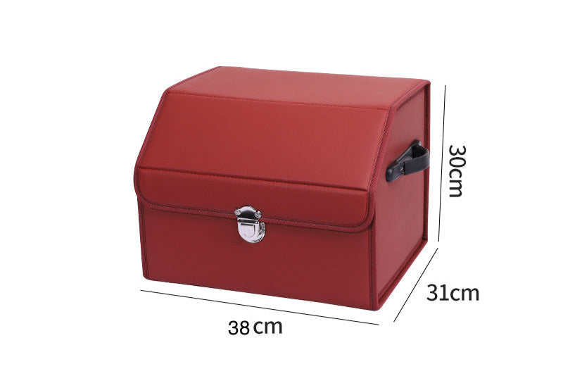 Small red leather car trunk storage box with labeled dimensions 38cm x 31cm x 30cm on a white background