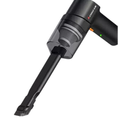 Black handheld vacuum cleaner with attachments on a white background