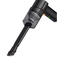 Black handheld vacuum cleaner with attachments on a white background